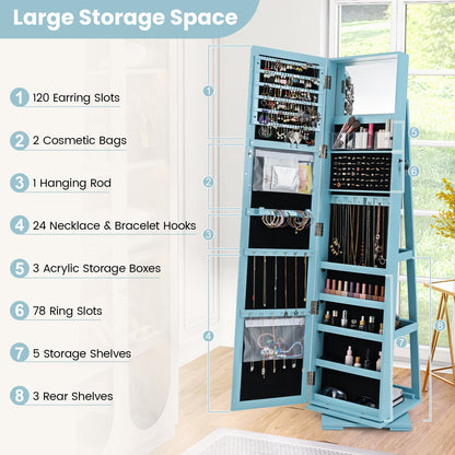 360 Degree Rotating Jewelry Armoire with Lockable Storage and Full Length Mirror in Blue