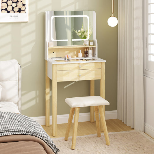 Compact Vanity Desk Set with 3-Color LED Lighted Mirror, Built-In Power Outlets & USB Ports