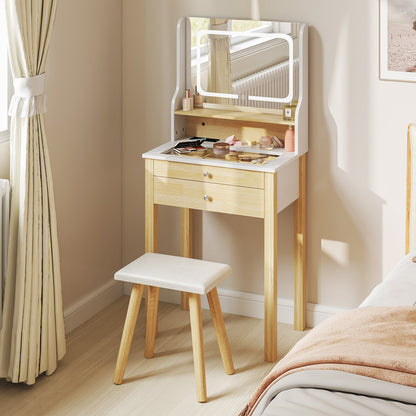 Compact Vanity Desk Set with 3-Color LED Lighted Mirror, Built-In Power Outlets & USB Ports