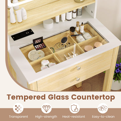 Compact Vanity Desk Set with 3-Color LED Lighted Mirror, Built-In Power Outlets & USB Ports
