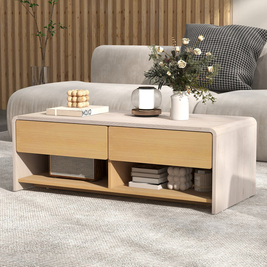Modern Coffee Table with 2 Drawers and Open Storage Shelves for Living Room