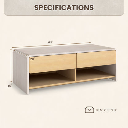 Modern Coffee Table with 2 Drawers and Open Storage Shelves for Living Room