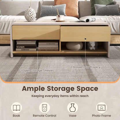 Modern Coffee Table with 2 Drawers and Open Storage Shelves for Living Room