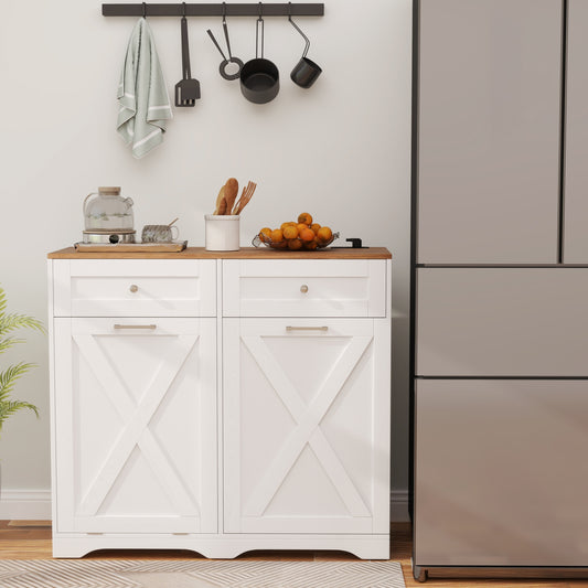 Modern Tilt-Out Trash Can Cabinet with Built-In Power Outlets and Adjustable Shelves - White