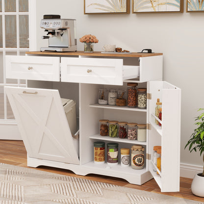 Modern Tilt-Out Trash Can Cabinet with Built-In Power Outlets and Adjustable Shelves - White