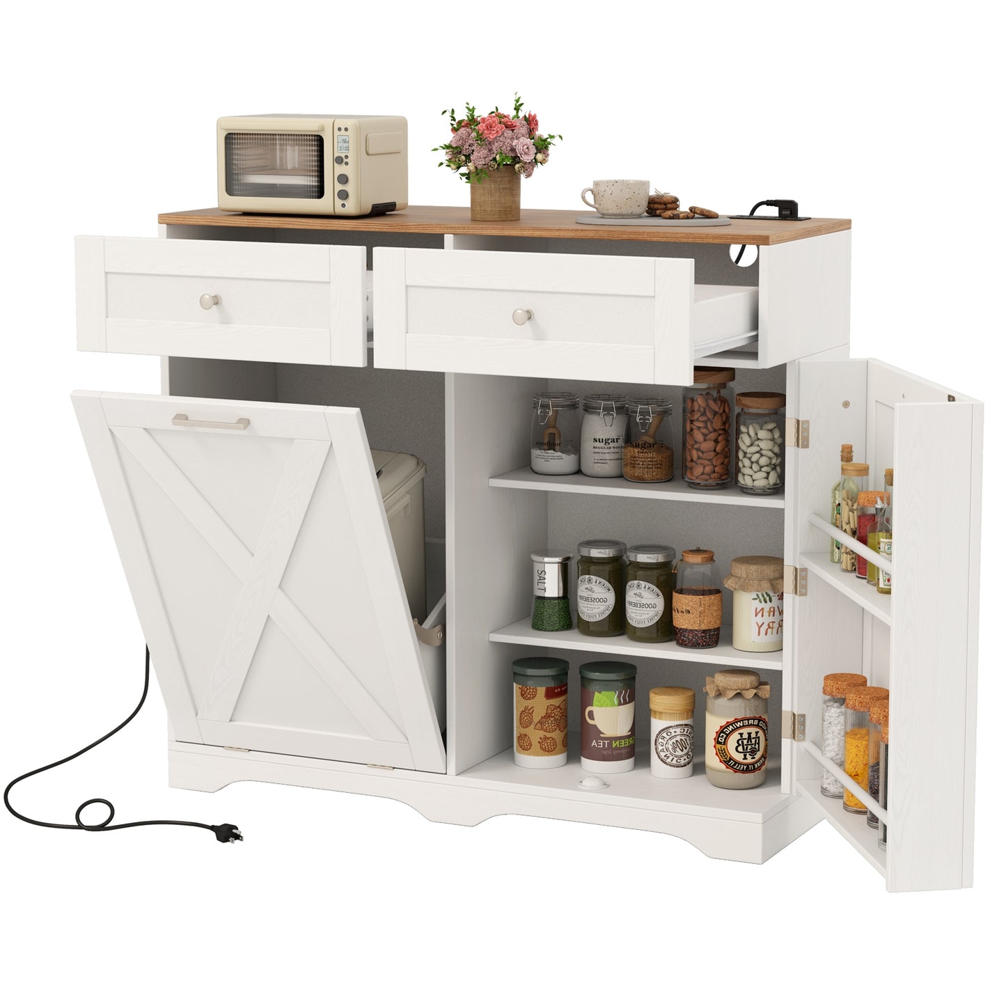 Modern Tilt-Out Trash Can Cabinet with Built-In Power Outlets and Adjustable Shelves - White