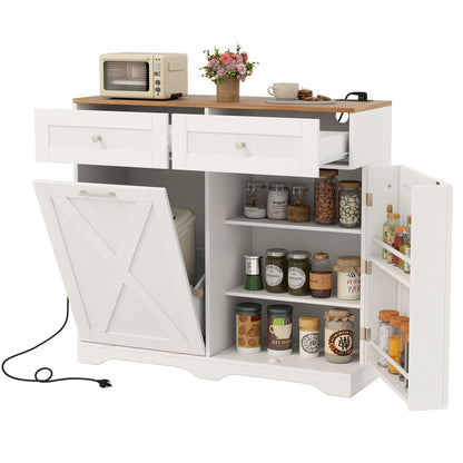 Modern Tilt-Out Trash Can Cabinet with Built-In Power Outlets and Adjustable Shelves - White
