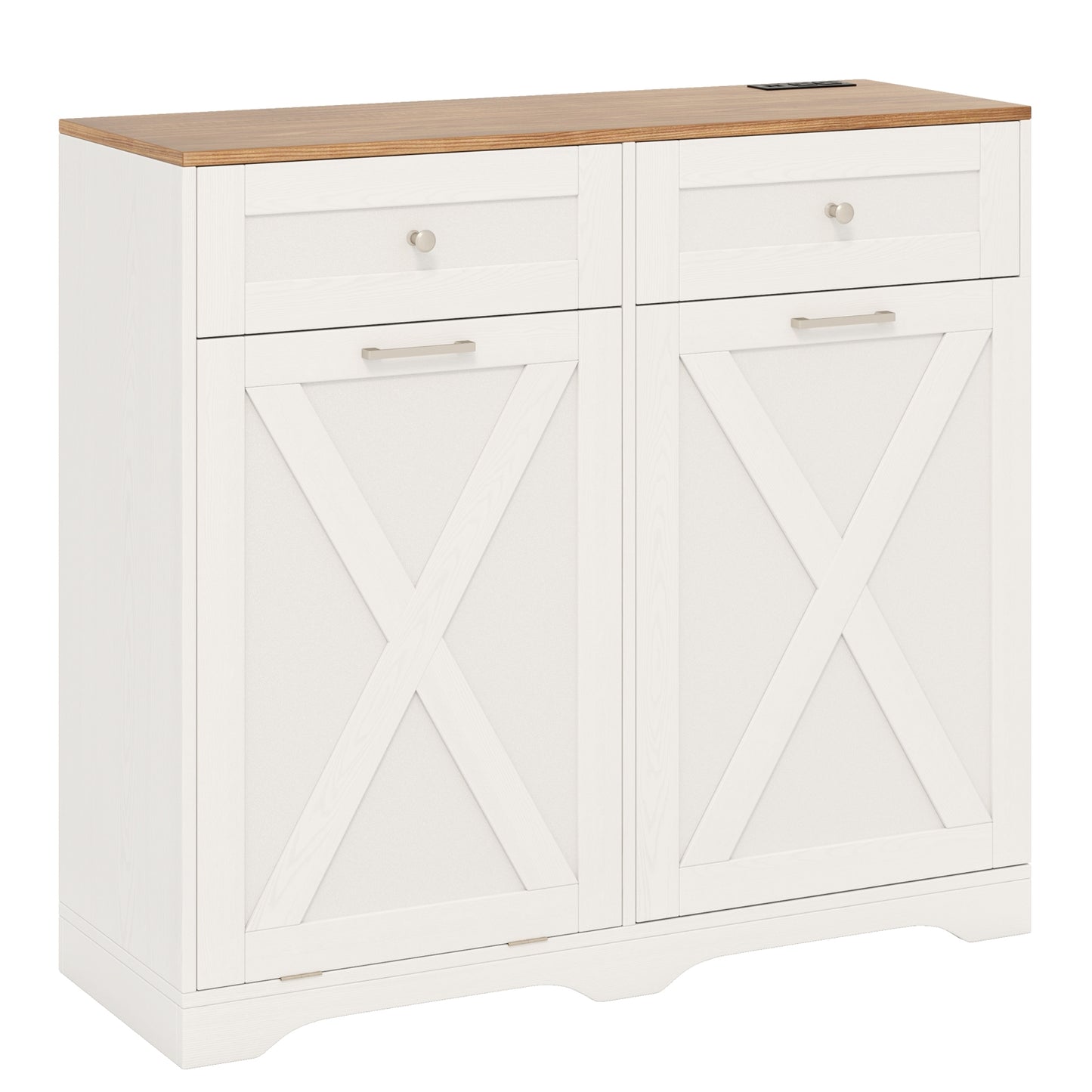 Modern Tilt-Out Trash Can Cabinet with Built-In Power Outlets and Adjustable Shelves - White