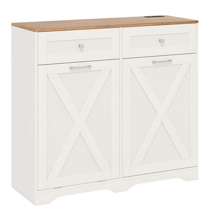Modern Tilt-Out Trash Can Cabinet with Built-In Power Outlets and Adjustable Shelves - White