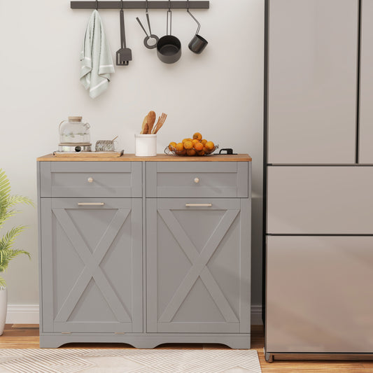 Modern Tilt-Out Trash Can Cabinet with Built-In Power Outlets and Adjustable Shelves - Grey