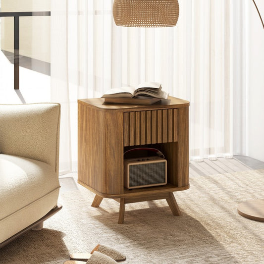 Mid-Century Bedside Table with Storage Drawer and Open Shelf