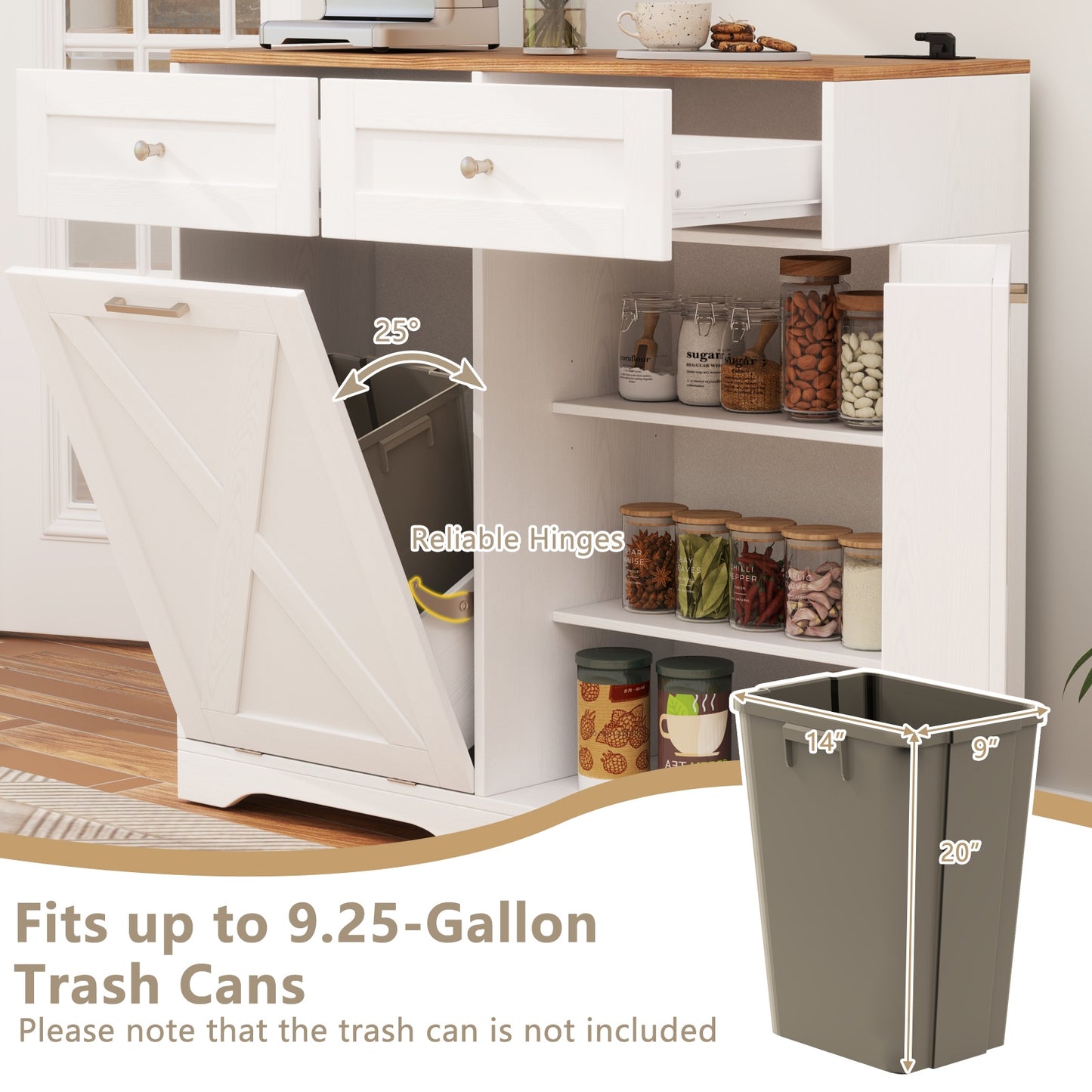 Modern Tilt-Out Trash Can Cabinet with Built-In Power Outlets and Adjustable Shelves - White