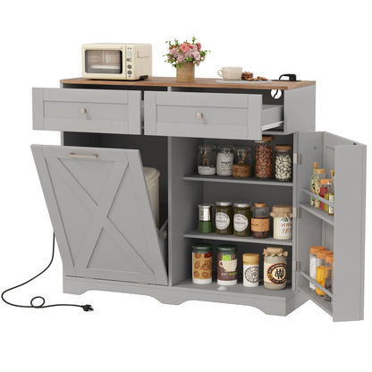 Modern Tilt-Out Trash Can Cabinet with Built-In Power Outlets and Adjustable Shelves - Grey