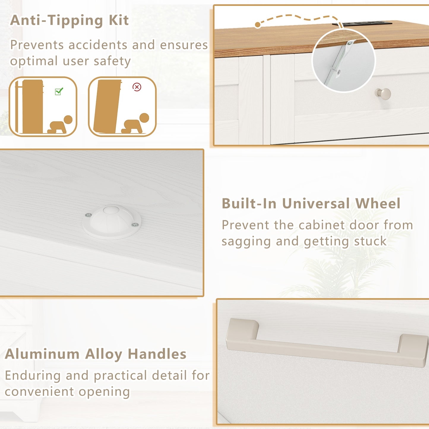 Modern Tilt-Out Trash Can Cabinet with Built-In Power Outlets and Adjustable Shelves - White
