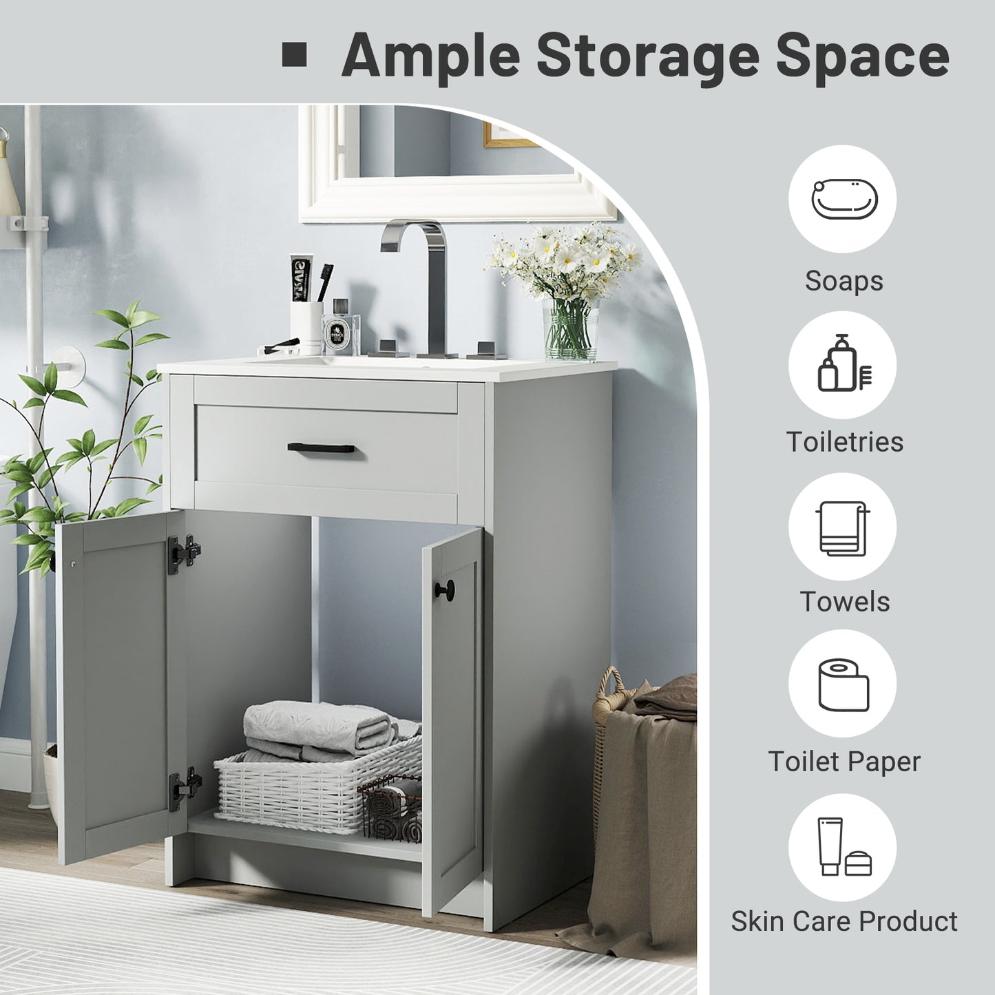 Bathroom Vanity Unit with Ceramic Sink & Large Storage Cabinet