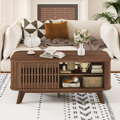 Wood Rectangular Coffee Table with Adjustable Shelves and Dual Access Storage