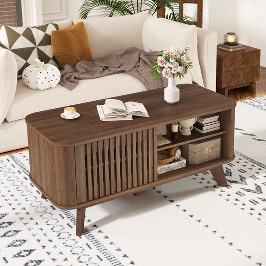 Wood Rectangular Coffee Table with Adjustable Shelves and Dual Access Storage