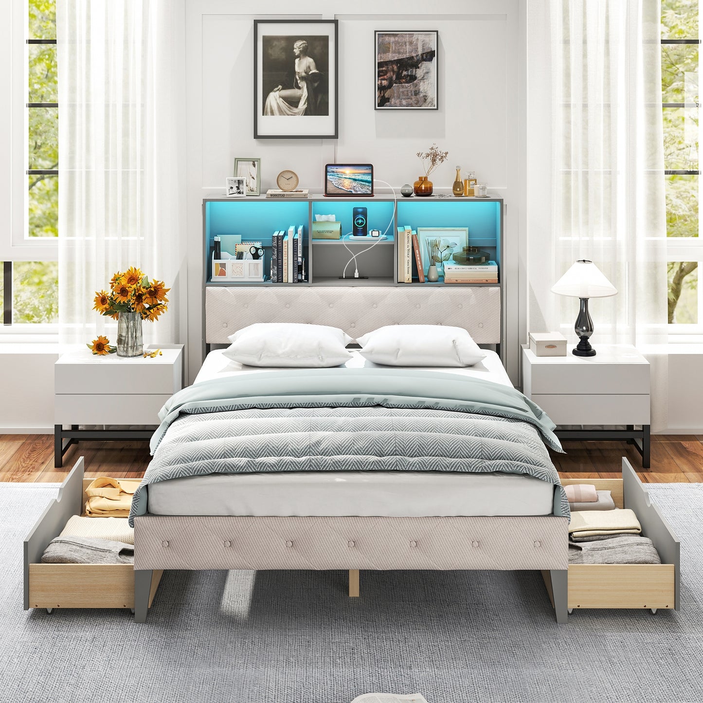 Grey Full Size Bed Frame with Upholstered Bookcase Headboard, LED Lighting & Storage Drawers