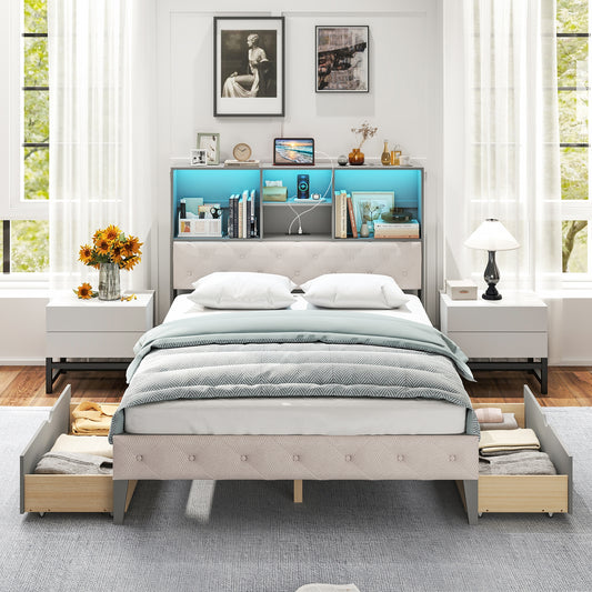 Grey Full Size Bed Frame with Upholstered Bookcase Headboard, LED Lighting & Storage Drawers