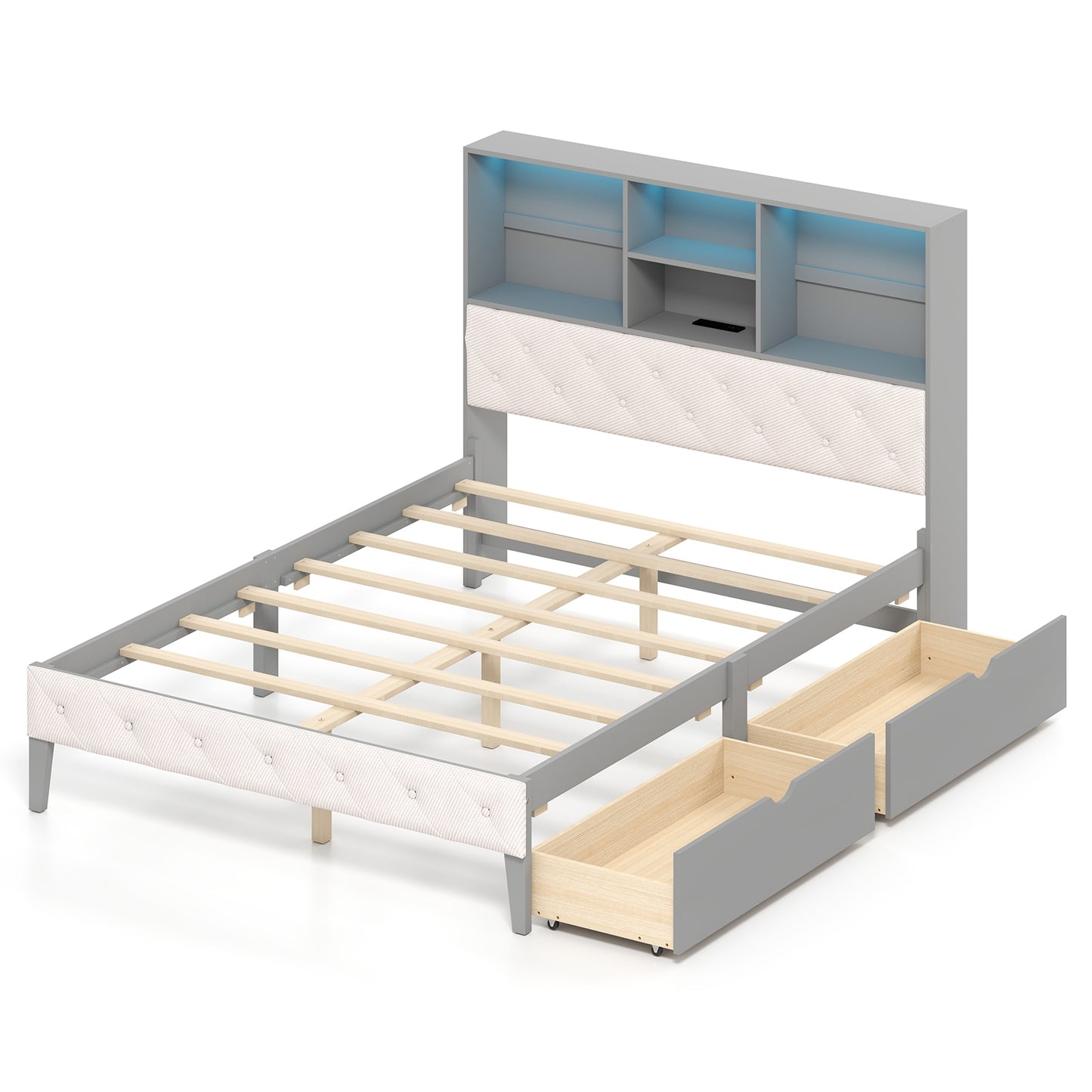 Grey Full Size Bed Frame with Upholstered Bookcase Headboard, LED Lighting & Storage Drawers