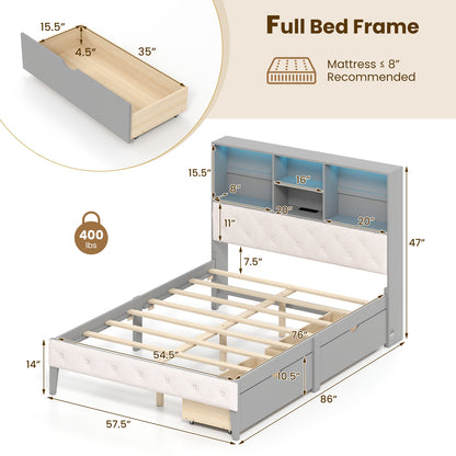 Grey Full Size Bed Frame with Upholstered Bookcase Headboard, LED Lighting & Storage Drawers