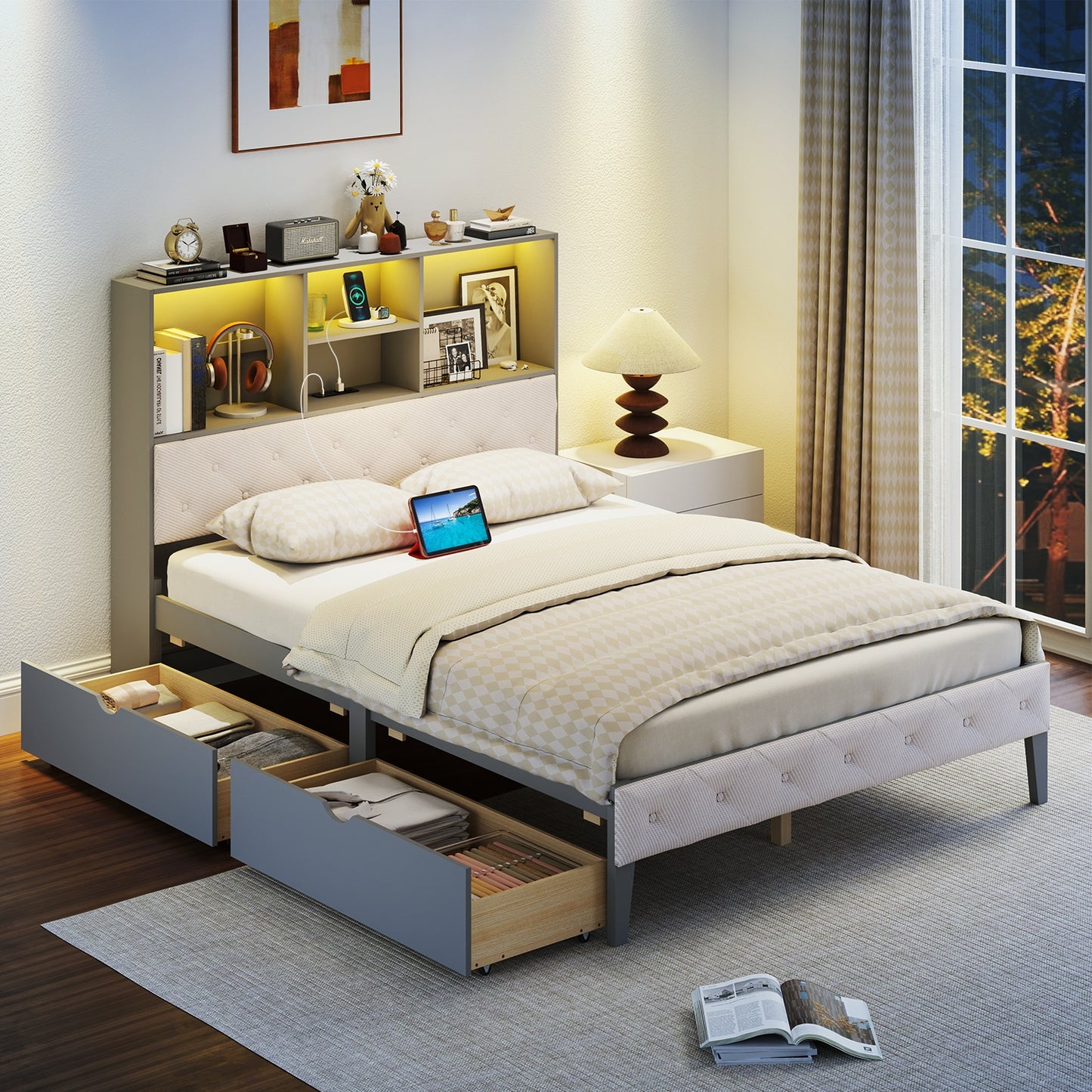 Grey Full Size Bed Frame with Upholstered Bookcase Headboard, LED Lighting & Storage Drawers