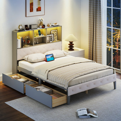 Grey Full Size Bed Frame with Upholstered Bookcase Headboard, LED Lighting & Storage Drawers