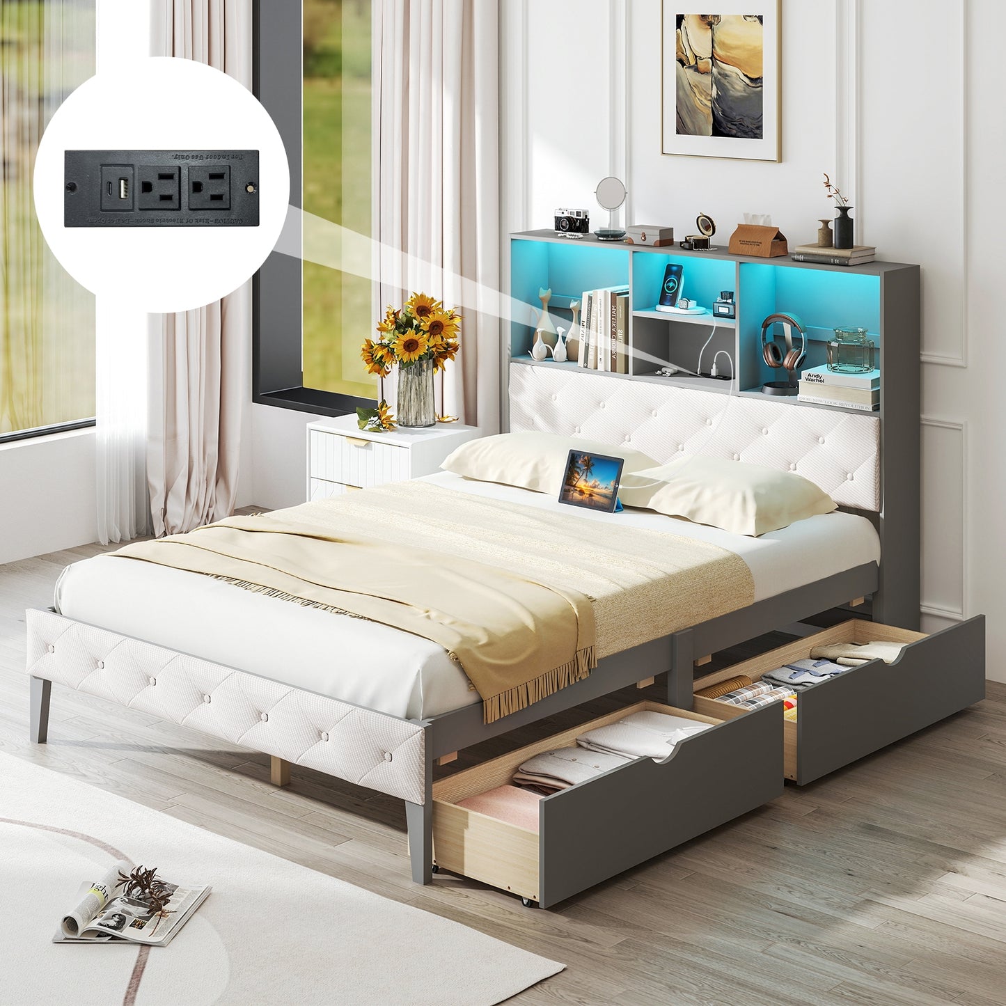 Grey Full Size Bed Frame with Upholstered Bookcase Headboard, LED Lighting & Storage Drawers