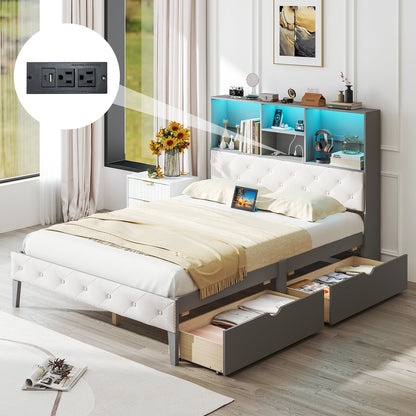 Grey Full Size Bed Frame with Upholstered Bookcase Headboard, LED Lighting & Storage Drawers