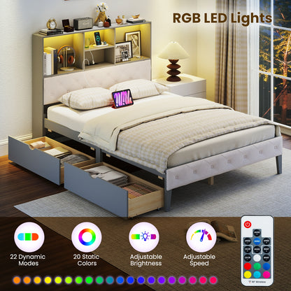 Grey Full Size Bed Frame with Upholstered Bookcase Headboard, LED Lighting & Storage Drawers