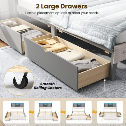 Grey Full Size Bed Frame with Upholstered Bookcase Headboard, LED Lighting & Storage Drawers