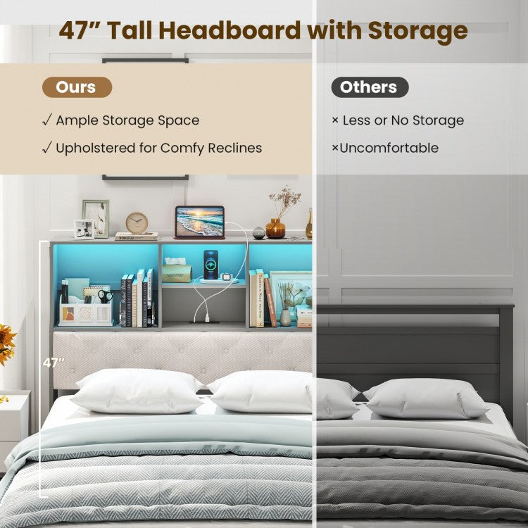 Grey Full Size Bed Frame with Upholstered Bookcase Headboard, LED Lighting & Storage Drawers