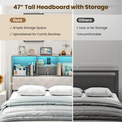 Grey Full Size Bed Frame with Upholstered Bookcase Headboard, LED Lighting & Storage Drawers