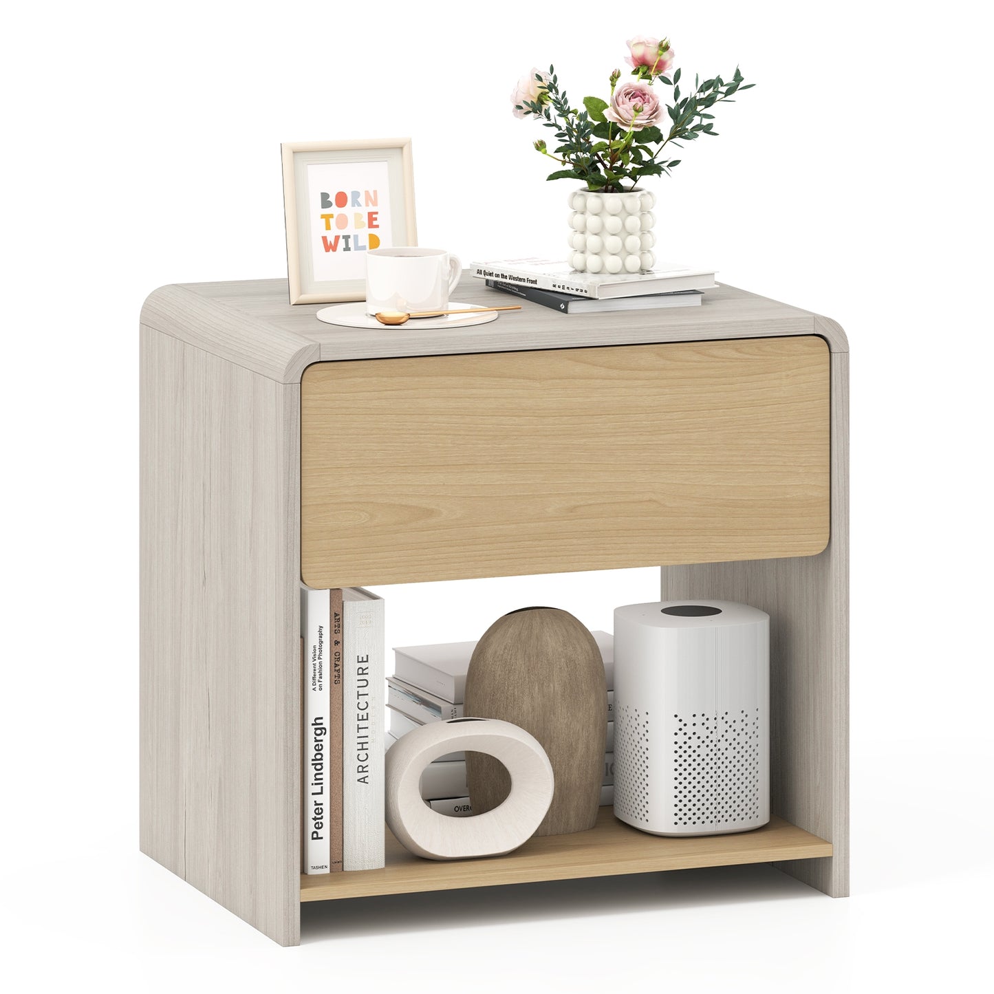 2-Tier Modern Nightstand with Drawer and Open Shelf in Oak Finish