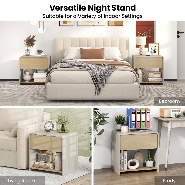 2-Tier Modern Nightstand with Drawer and Open Shelf in Oak Finish