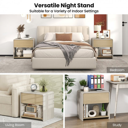 2-Tier Modern Nightstand with Drawer and Open Shelf in Oak Finish