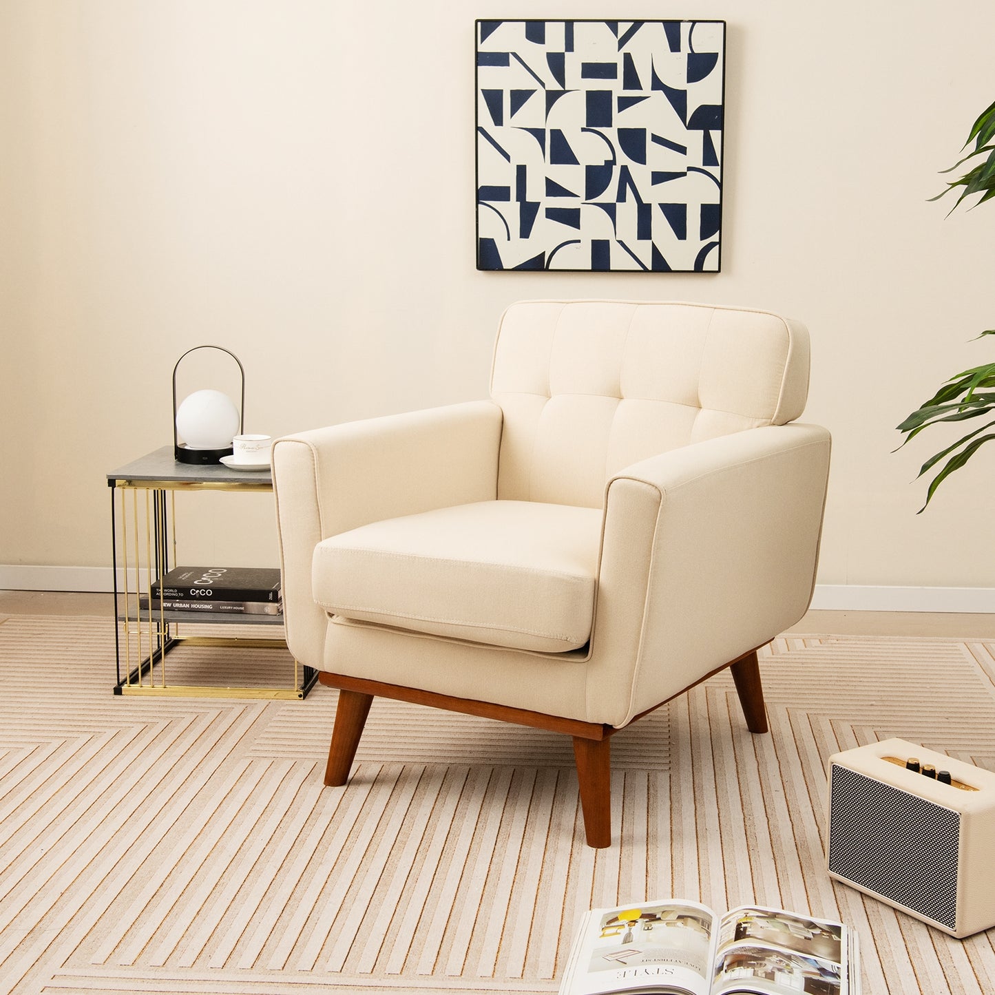 Modern Upholstered Linen Accent Chair with Wooden Frame and Removable Cushion in Beige