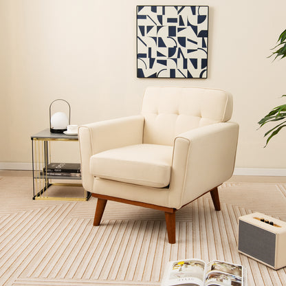 Modern Upholstered Linen Accent Chair with Wooden Frame and Removable Cushion in Beige