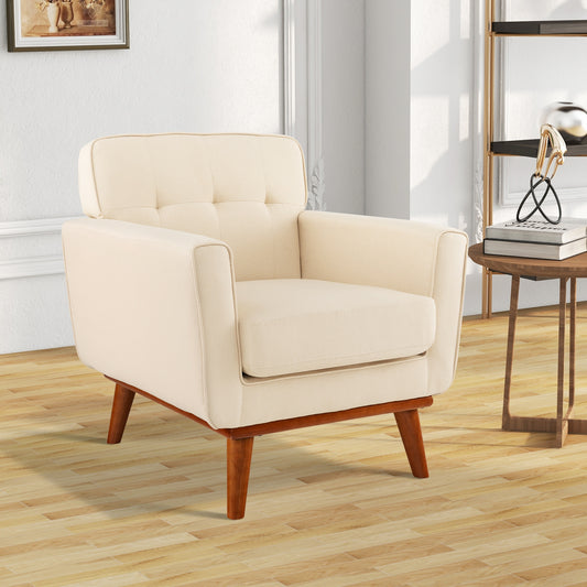 Modern Upholstered Linen Accent Chair with Wooden Frame and Removable Cushion in Beige
