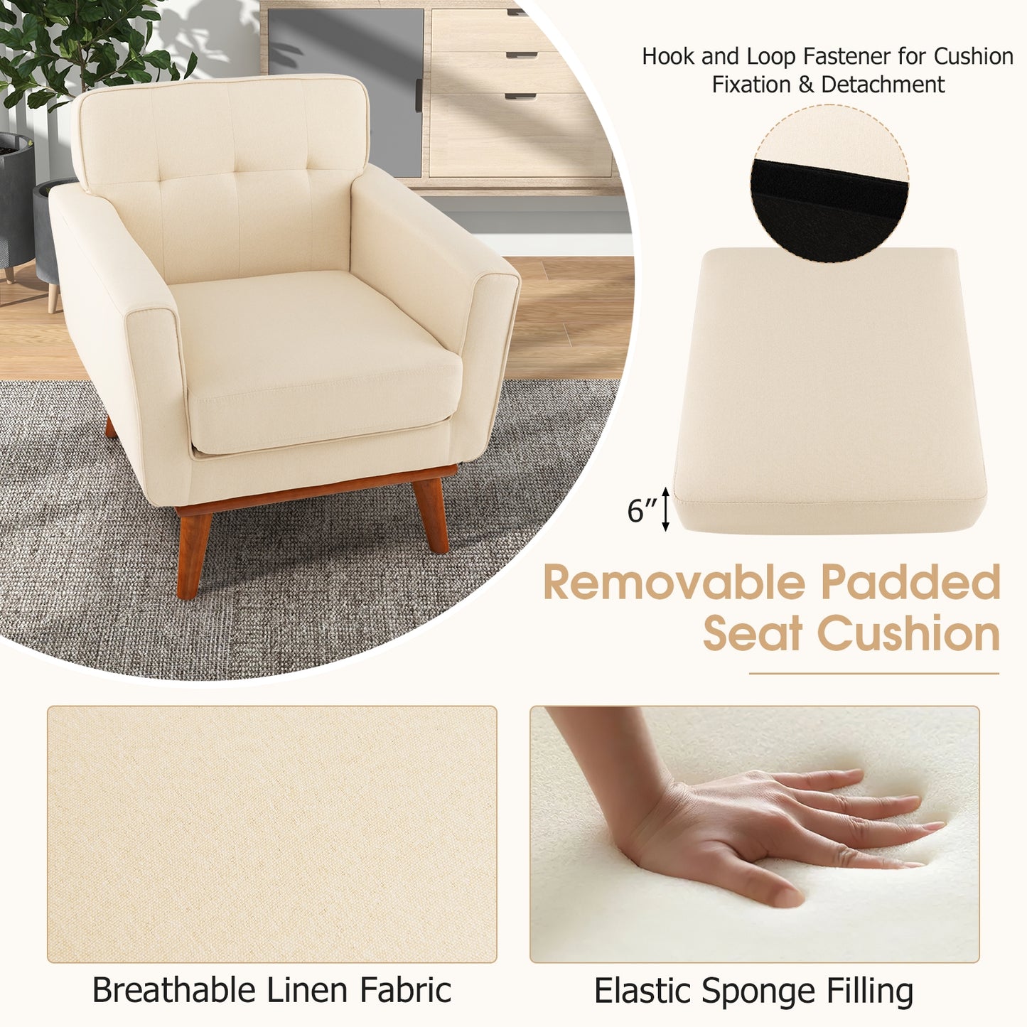 Modern Upholstered Linen Accent Chair with Wooden Frame and Removable Cushion in Beige