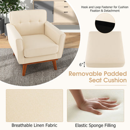 Modern Upholstered Linen Accent Chair with Wooden Frame and Removable Cushion in Beige