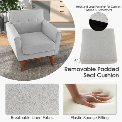 Modern Upholstered Linen Accent Chair with Wooden Frame and Removable Cushion in Grey
