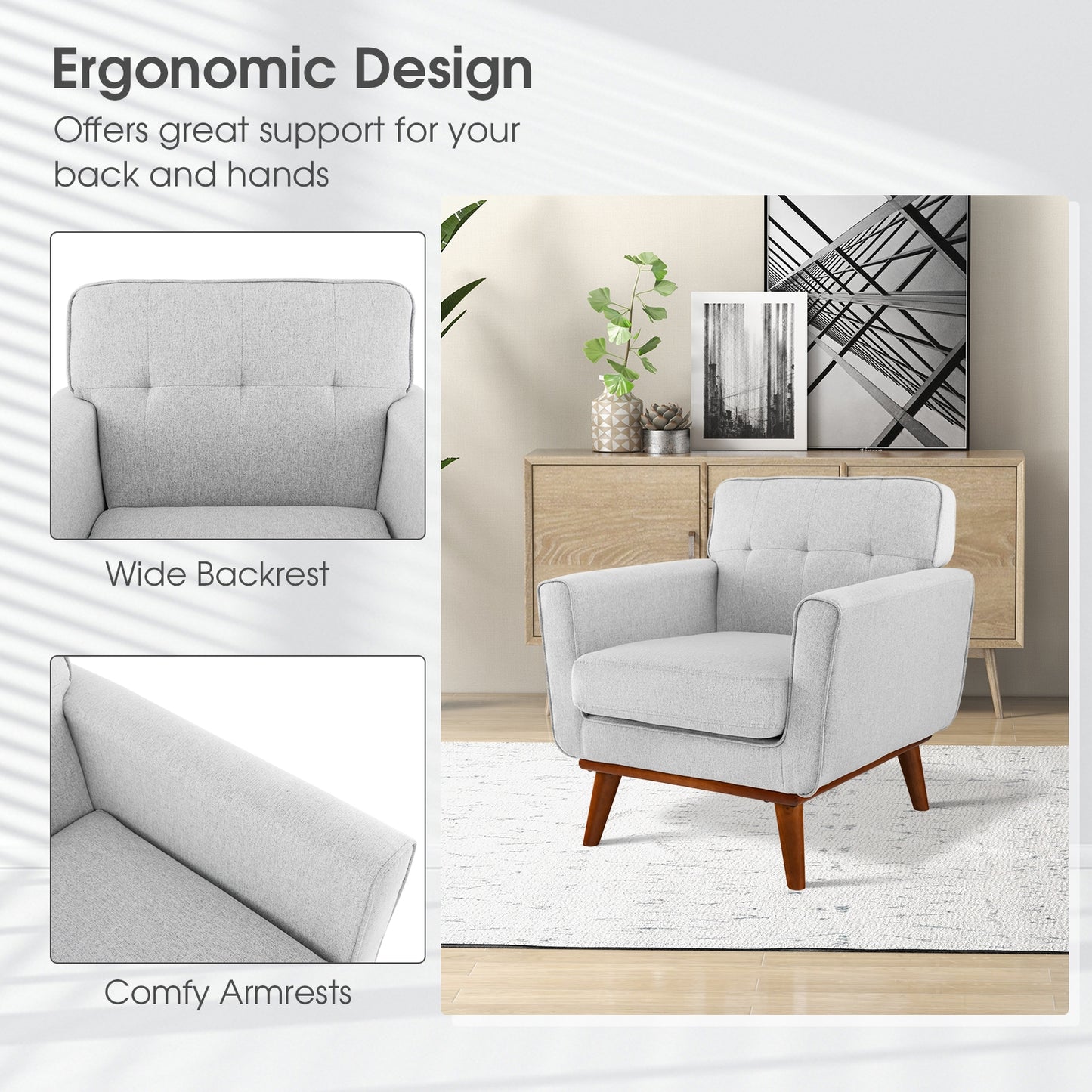 Modern Upholstered Linen Accent Chair with Wooden Frame and Removable Cushion in Grey