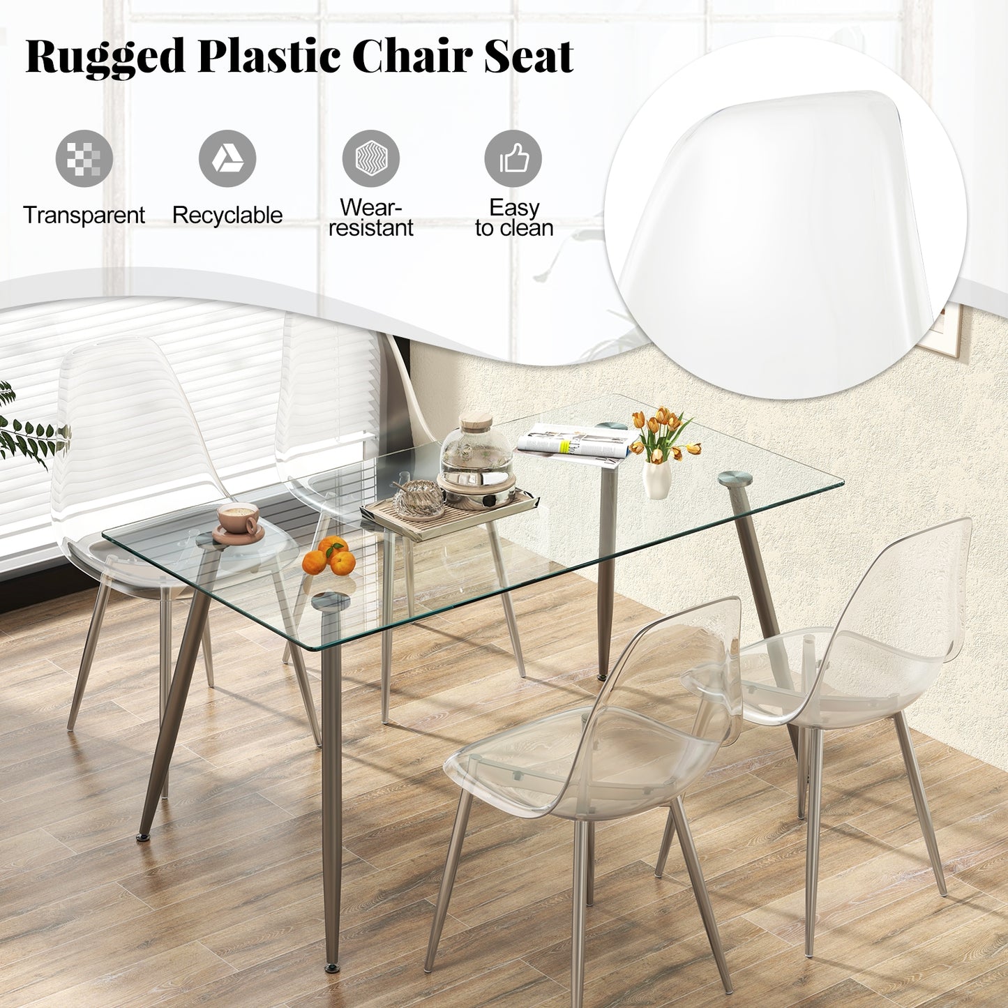 Modern Dining Chairs with Clear Plastic Shell and Silver Metal Legs - Set of 4