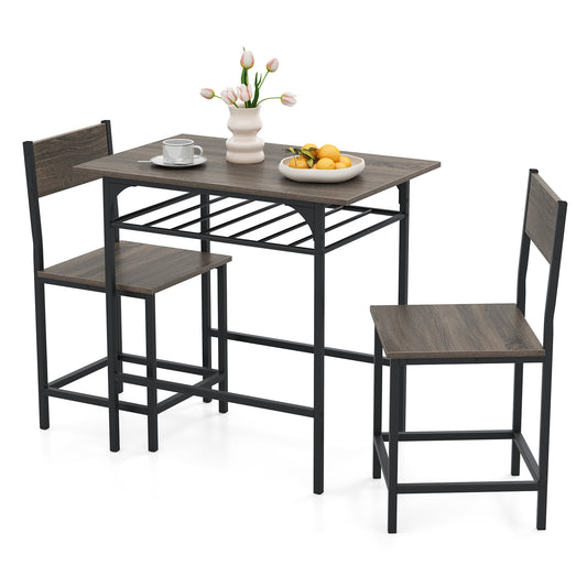 3-Piece Dining Table Set with Storage Rack and Metal Frame for Small Spaces, Grey