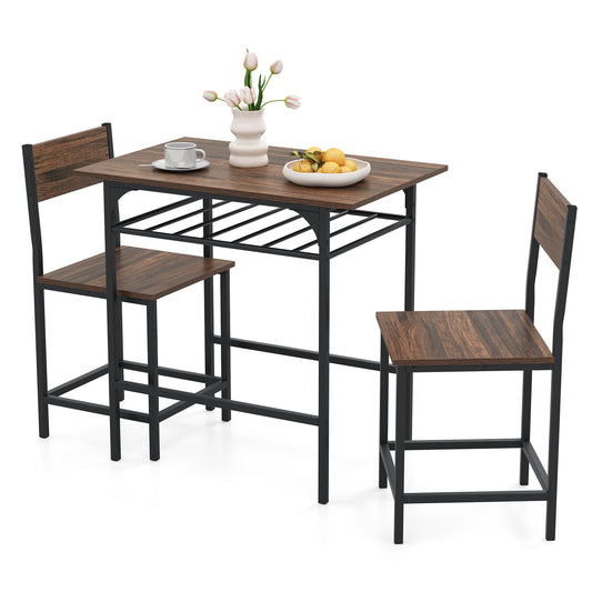 3-Piece Dining Table Set with Storage Rack and Metal Frame for Small Spaces, Rustic Brown