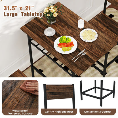 3-Piece Dining Table Set with Storage Rack and Metal Frame for Small Spaces, Rustic Brown
