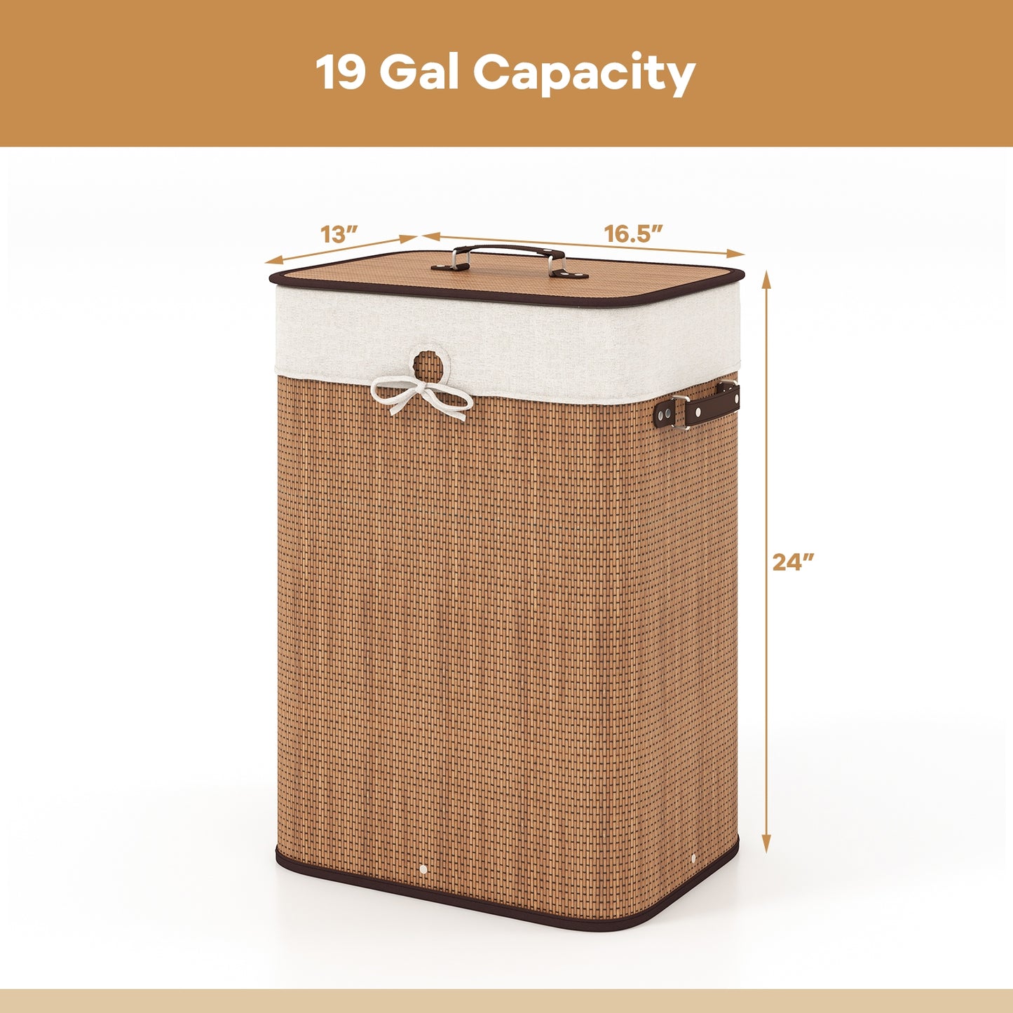 19 Gal Rectangle Bamboo Clothes Hamper with Lid & Handles