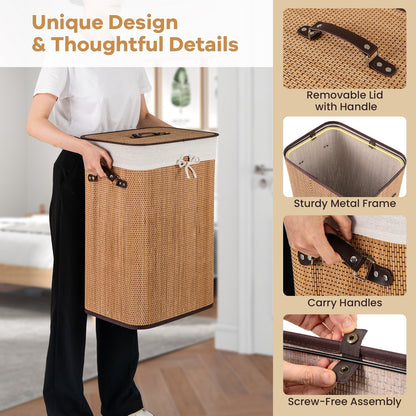 19 Gal Rectangle Bamboo Clothes Hamper with Lid & Handles