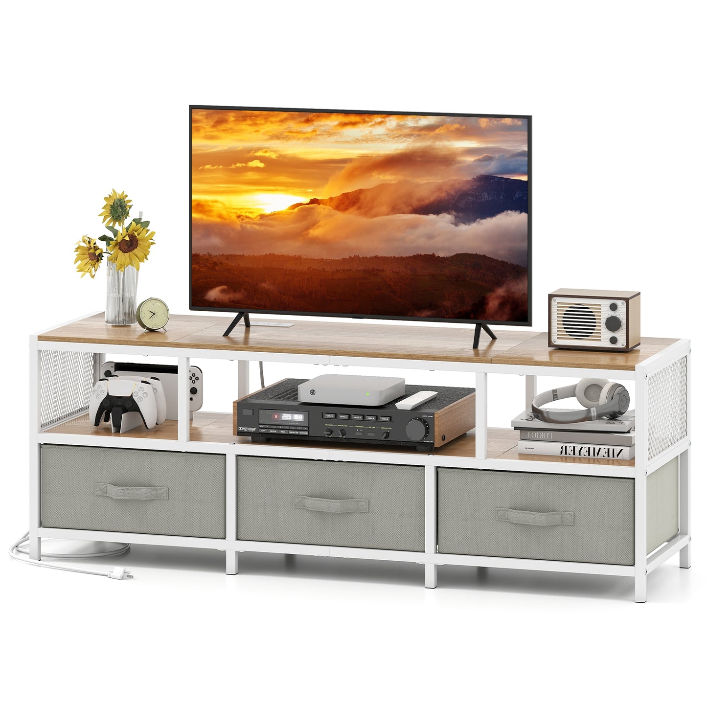 Modern Media Console with Charging Station and Storage for TVs up to 65 Inches - Natural